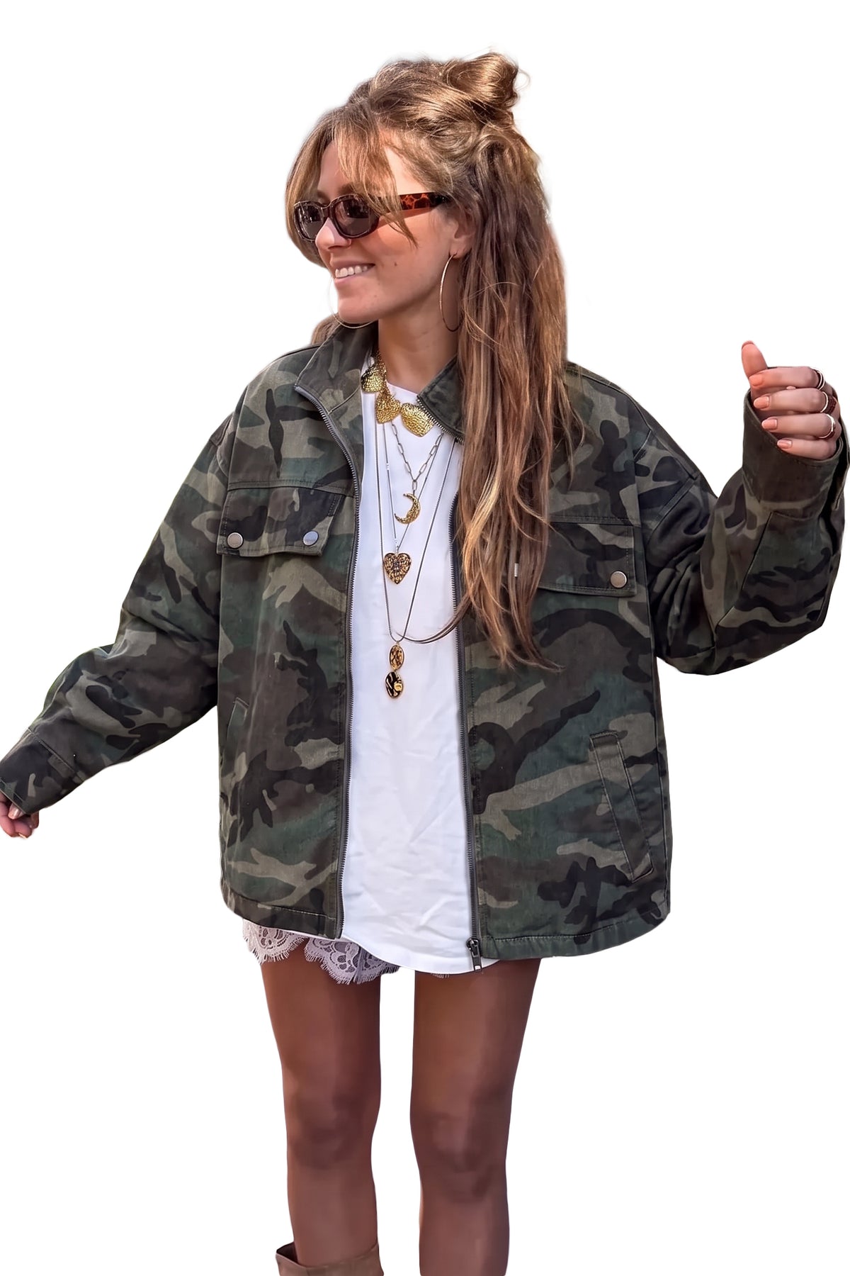 Multicolour 100% Cotton Western Camouflage Drop Shoulder Zip Denim Jacket