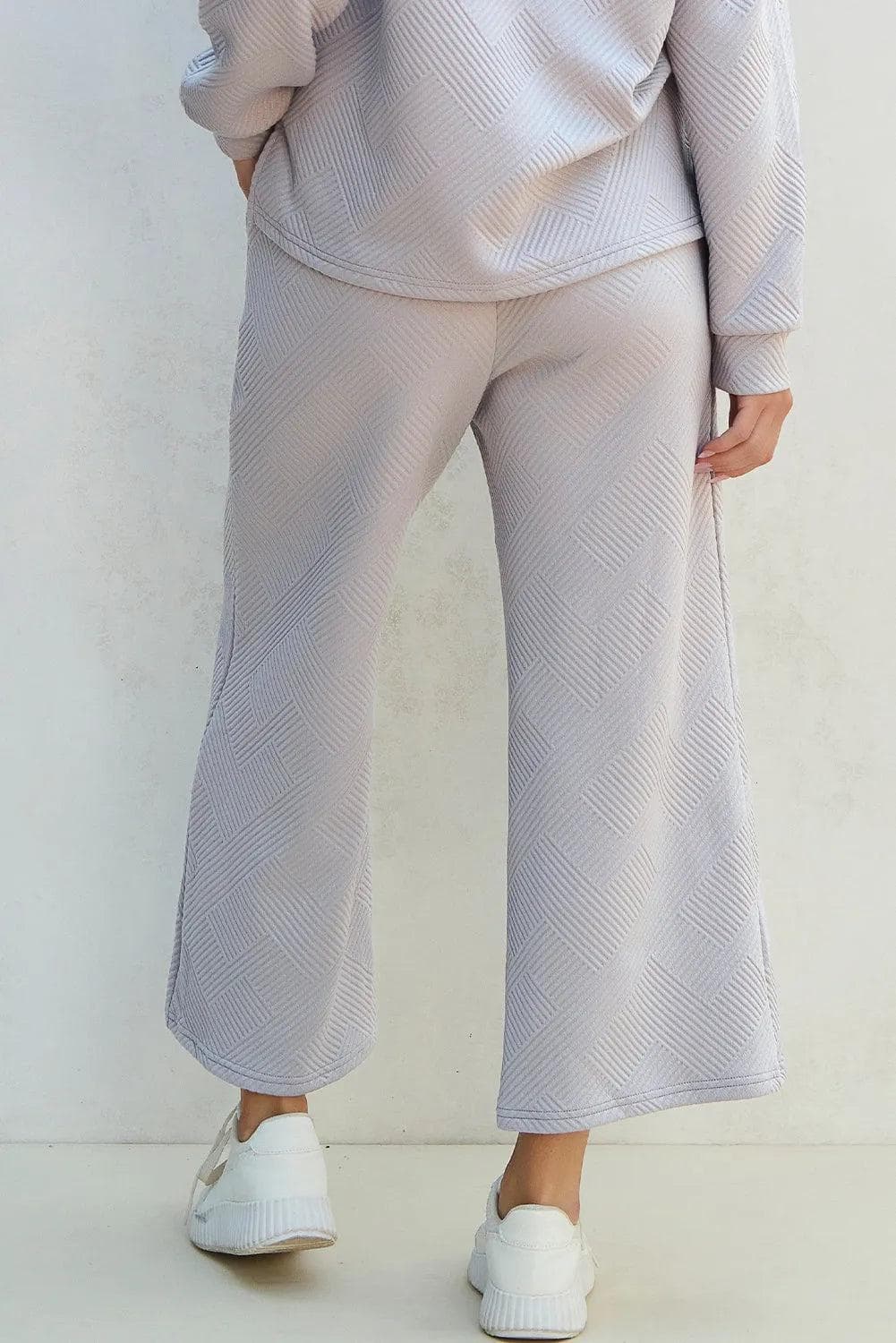 Two Piece Sets/Pant Sets Light Grey Solid Textured Collared V Neck Top and Wide Leg Pants Set