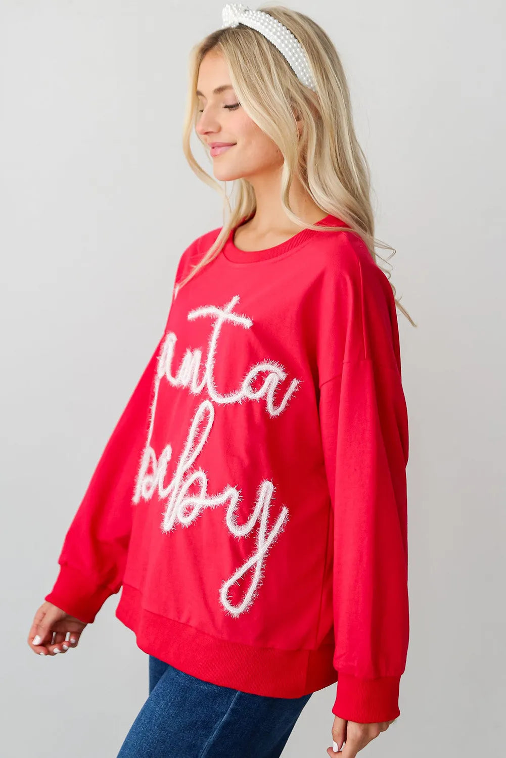 Fiery Red Christmas Santa Baby Tinsel Graphic Sweatshirt - Chic Meadow Boutique 