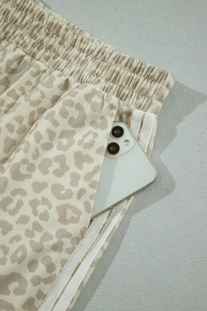Apricot Leopard Print Varsity Striped Detail 3/4 Sleeve Top Shift Pant Set