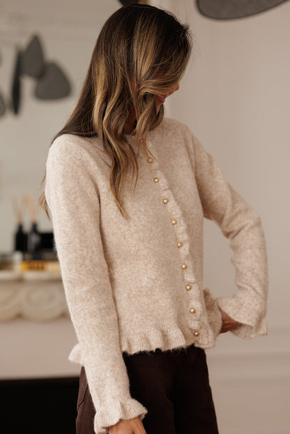 Oatmeal Ruffle Trim Gold Button Sweater Cardigan