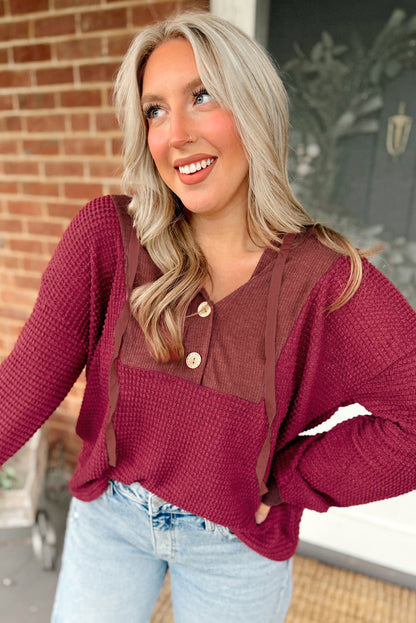 Racing Red Waffle Patchwork Drop Shoulder Hooded Long Sleeve Top