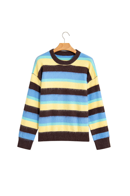 Multicolour Fuzzy Striped Knit Round Neck Casual Shift Sweater