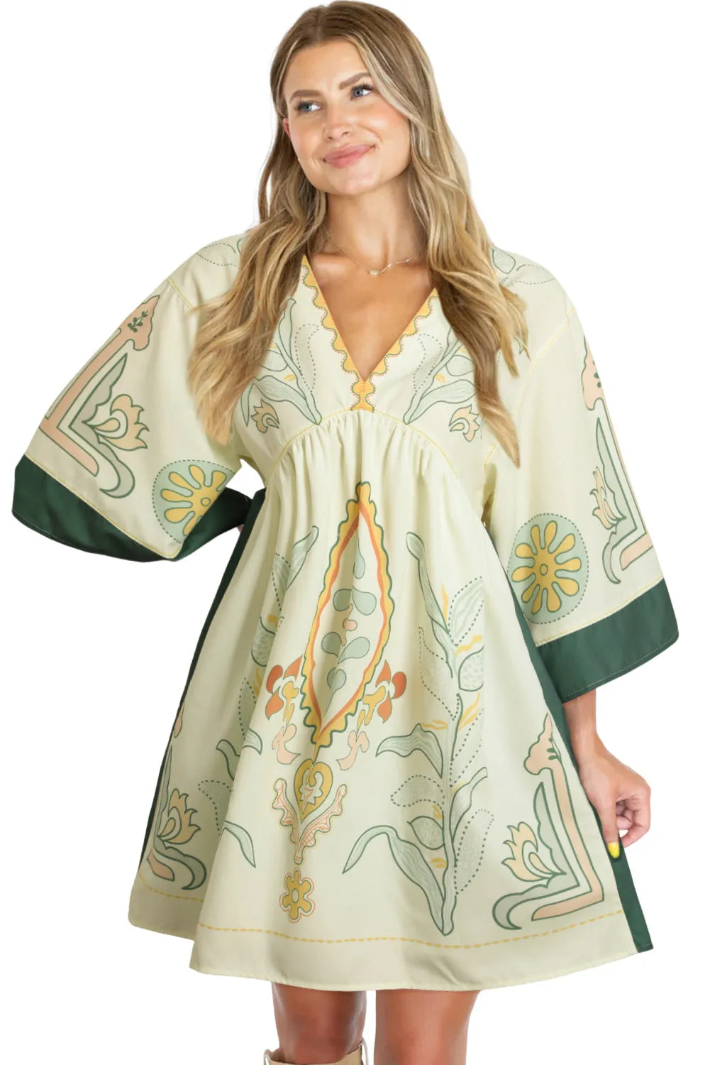 Multicolour Boho Print V Neck Empire Waist Short Kimono Dress - Chic Meadow Boutique 