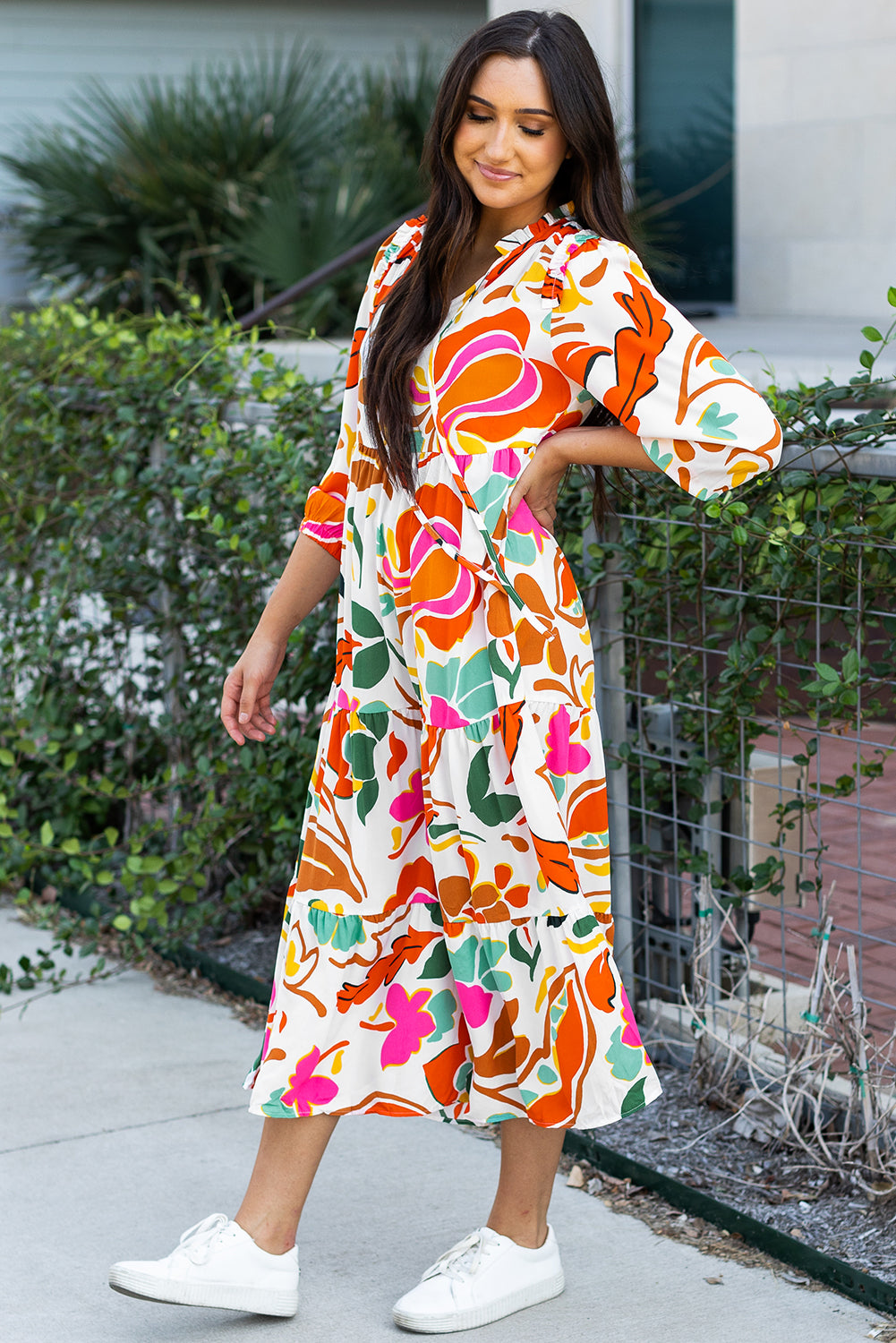 Orange Floral Print Split V Neck Tiered Maxi Dress