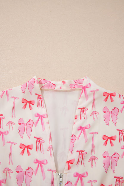 Pink Full Zip Cinched Waist Sleeveless Bow Mini Dress