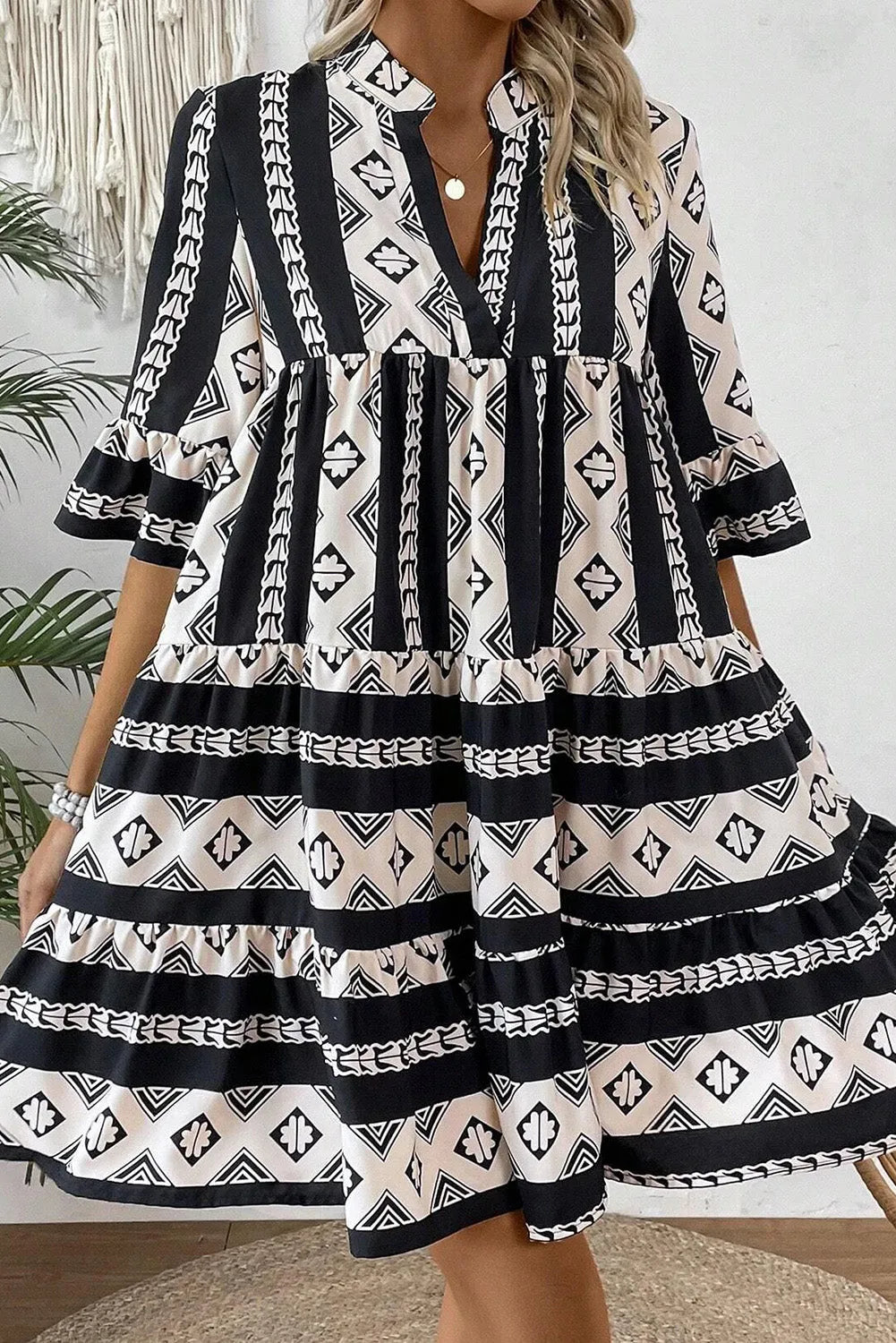 Black Geometric Print V Neck Ruffled Dress - Chic Meadow Boutique 