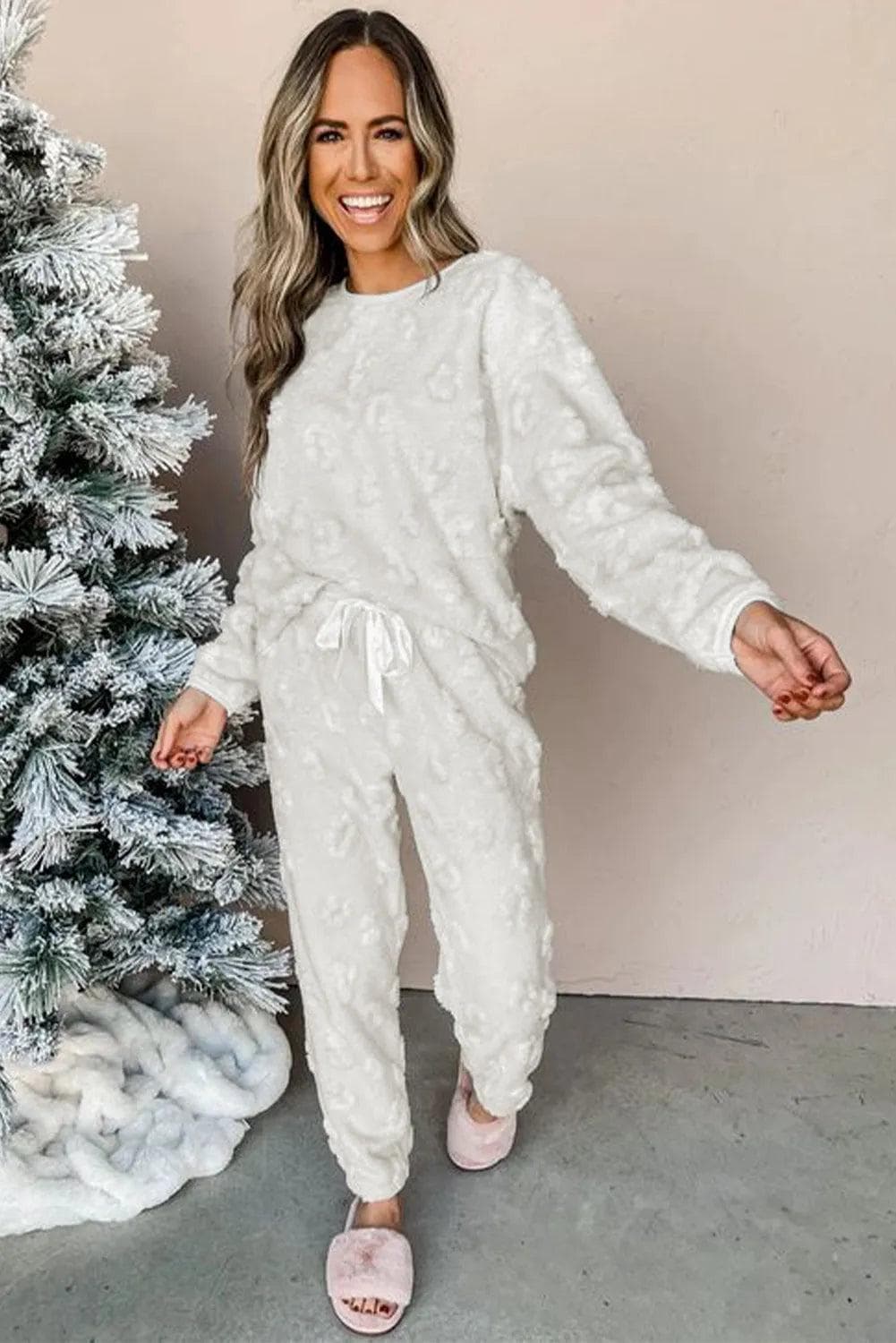 Loungewear & Sleepwear/Loungewear Light Grey Leopard Textured Loose Fit Fleece Lounge Set