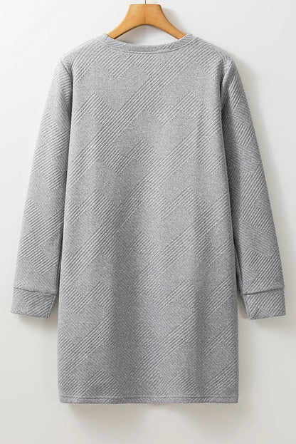 Gray Solid Color Textured Long Sleeve Shift Dress - Chic Meadow Boutique 