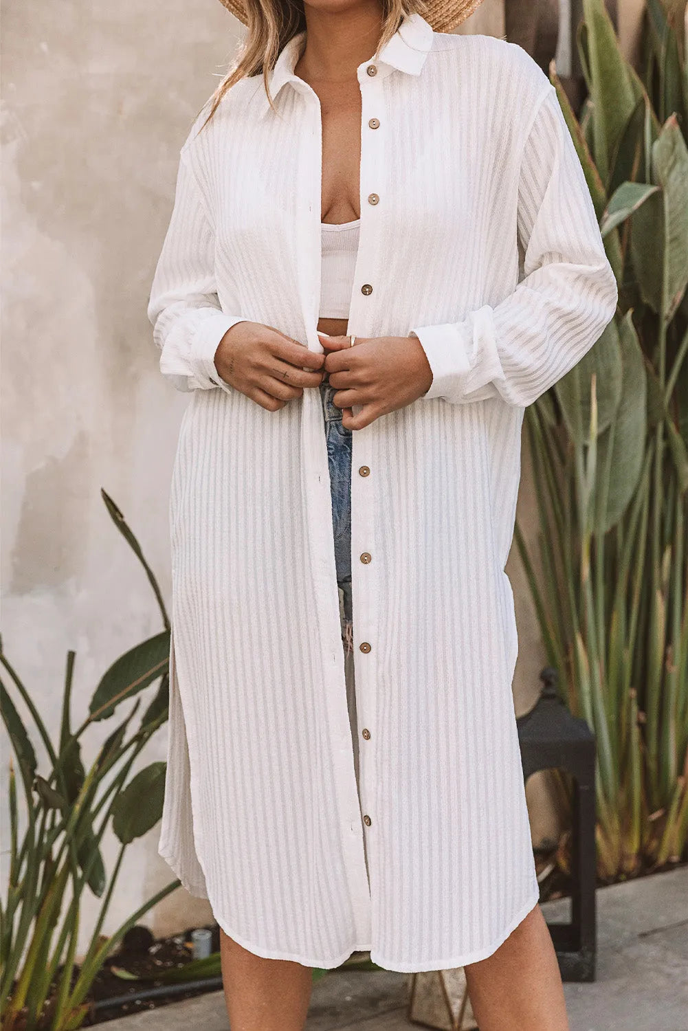 White Striped Crinkle Button Front Cover Up Shirt Dress - Chic Meadow Boutique 