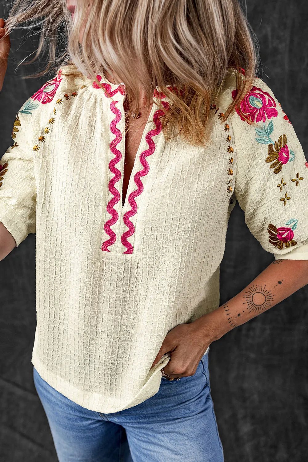 Beige Floral Embroidered Ricrac Puff Sleeve Textured Blouse - Chic Meadow Boutique 