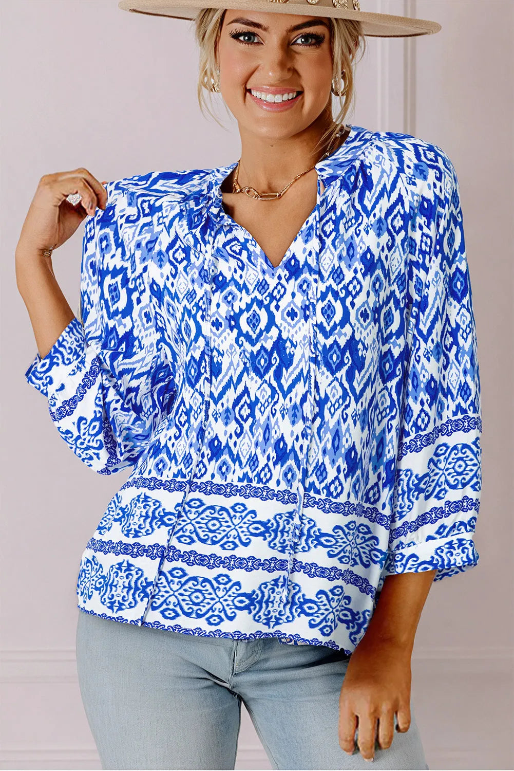 Blue Boho Printed 3/4 Sleeve Tied Neck Blouse - Chic Meadow Boutique 