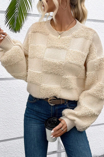 Sweaters & Cardigans/Sweaters Parchment Checkered Sherpa Crew Neck Loose Sweater