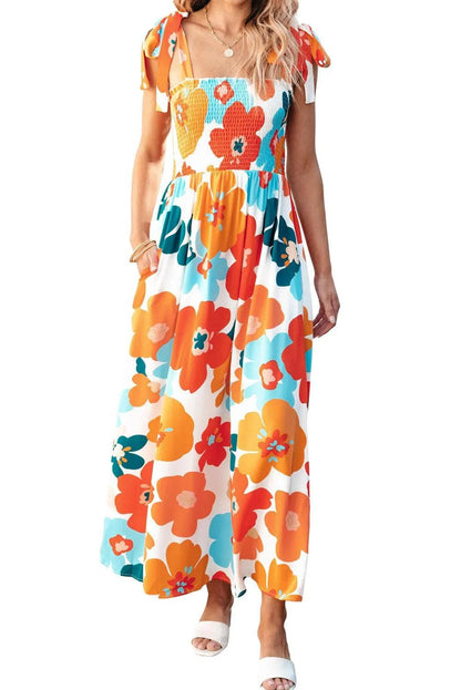 Dresses/Floral Dresses Orange Floral Self Tied Straps Smocked Bust Maxi Dress