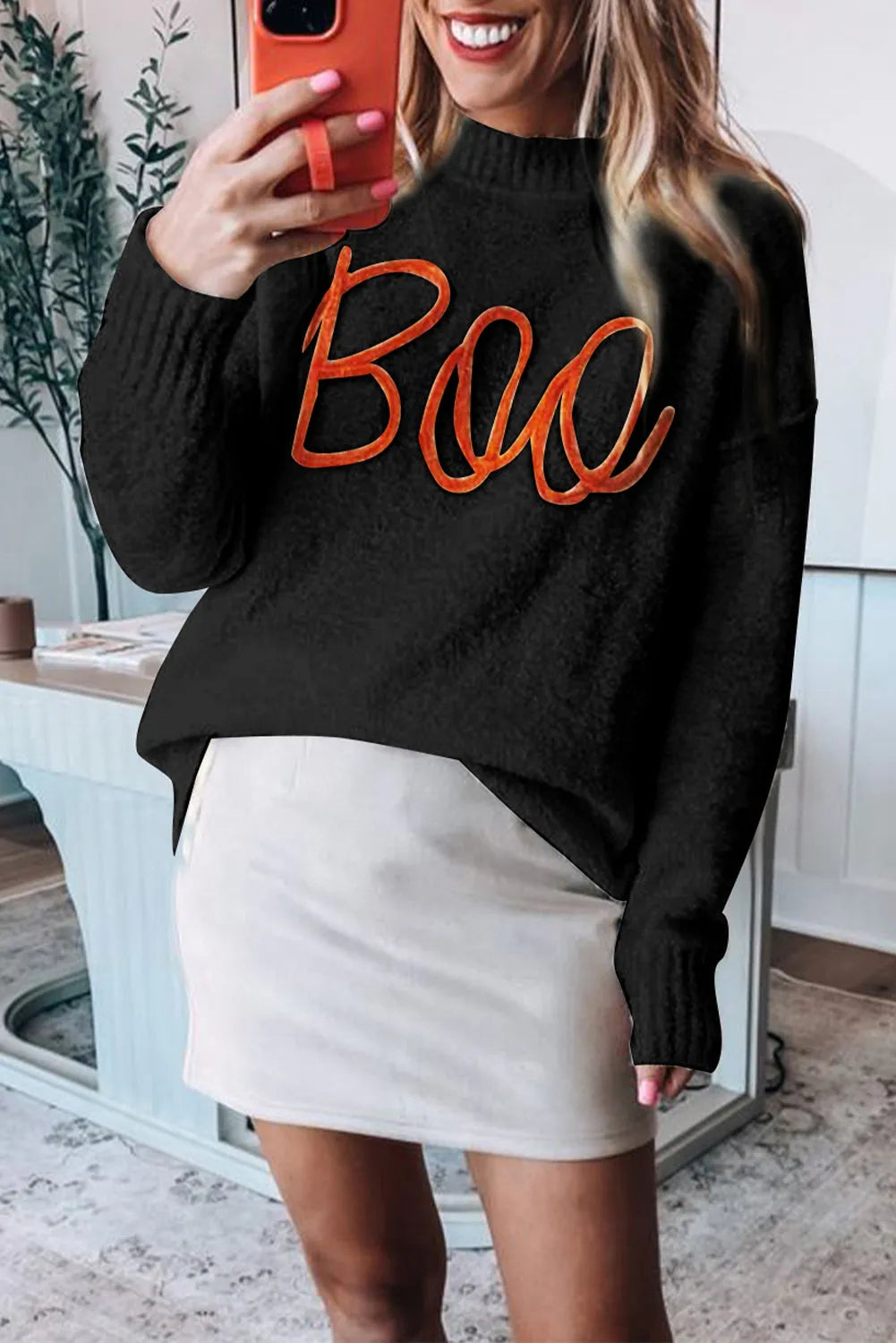 Black Boo Knitted Pattern Ribbed Edge Drop Shoulder Sweater - Chic Meadow Boutique 