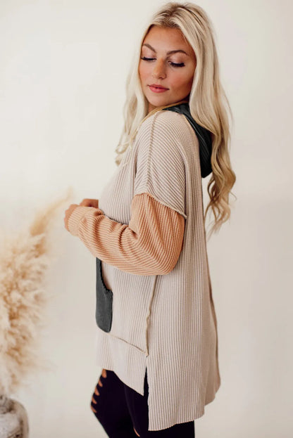 Smoke Gray Color Block High Low Textured Hoodie - Chic Meadow Boutique 