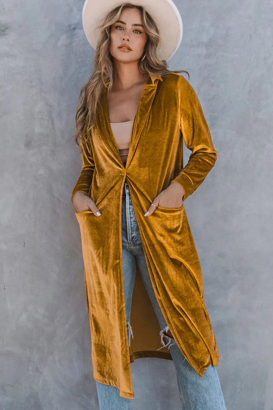 Yellow Retro Velvet Long Sleeve Pocket Coat - Chic Meadow Boutique 