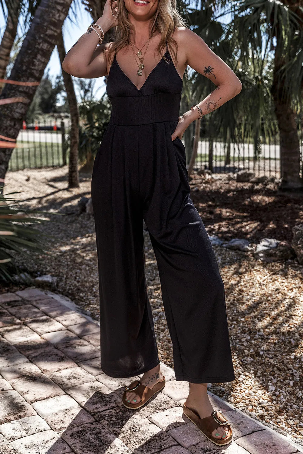 Black Wide Leg High Waist Sexy V Neck Cami Jumpsuit - Chic Meadow Boutique 