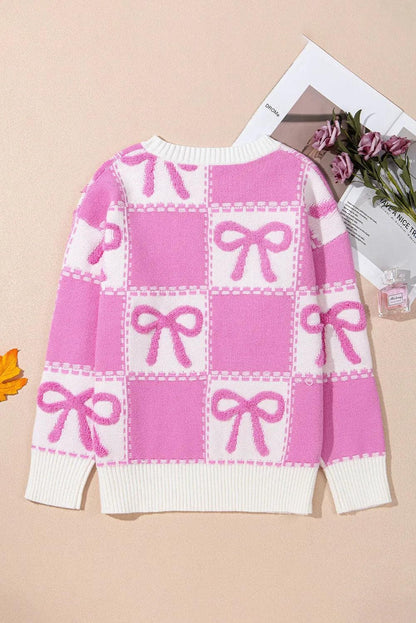 Sweaters & Cardigans/Sweaters Pink Bow Knot Two Tone Checkered Crew Neck Sweater