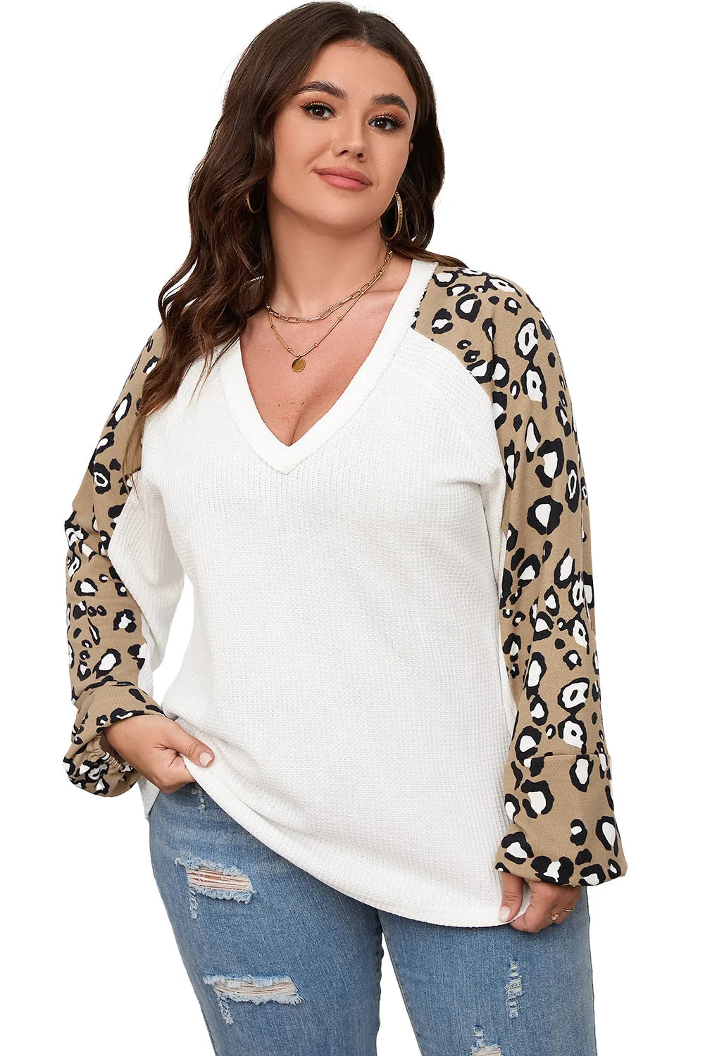 Beige Printed Plus Size Waffle Knit Contrast Leopard Long Sleeve Top - Chic Meadow Boutique 