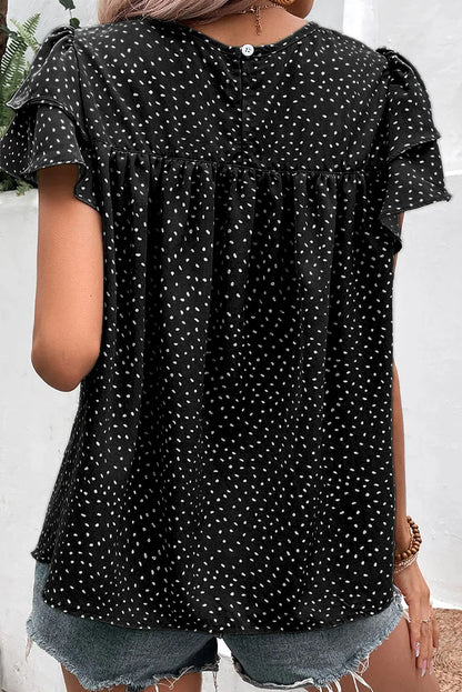 Black Dotted Ruffle Sleeve Crew Neck Ruched Blouse - Chic Meadow Boutique 