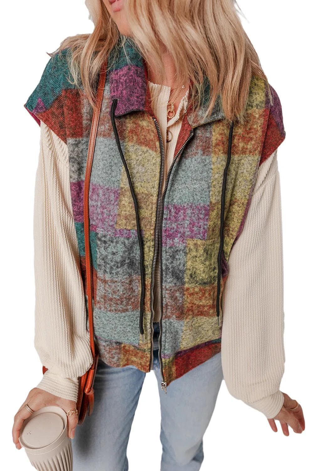 Outerwear/Vests Multicolor Plaid Print Side Pockets Zipped Loose Vest