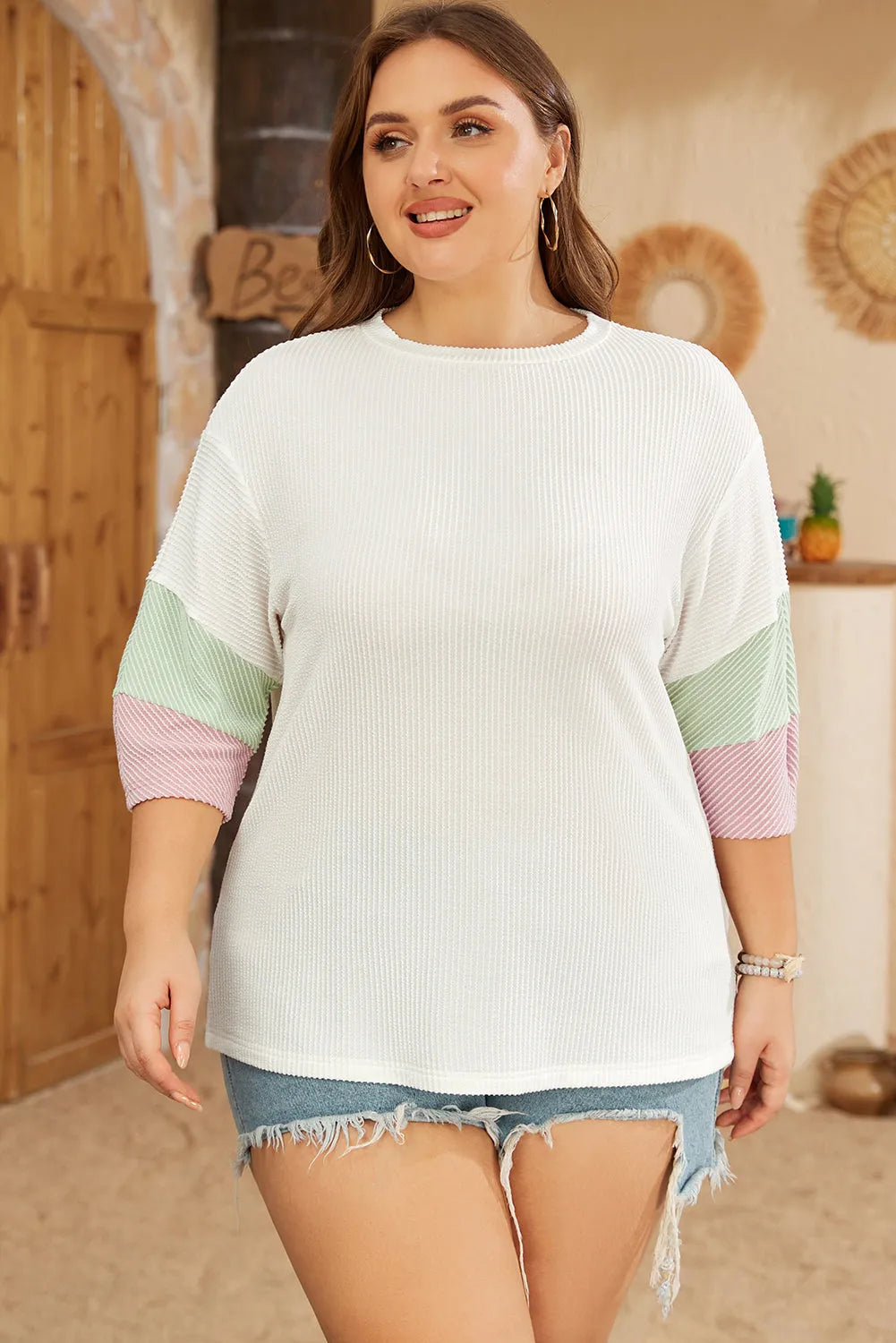 White Textured Colorblock Patchwork Half Sleeve Plus T Shirt - Chic Meadow Boutique 