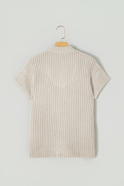 Jet Stream Solid Color Short Sleeve Zipper Knit High Neck Sweater