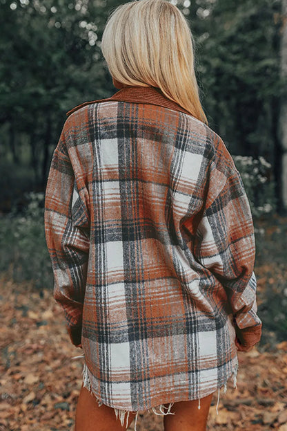 Cinnamon Plaid Corduroy Patchwork Chest Pocket Shacket - Chic Meadow Boutique 