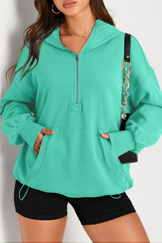 Aruba Blue Solid Kangaroo Pocket Half Zipper Oversized Hoodie - Chic Meadow Boutique 