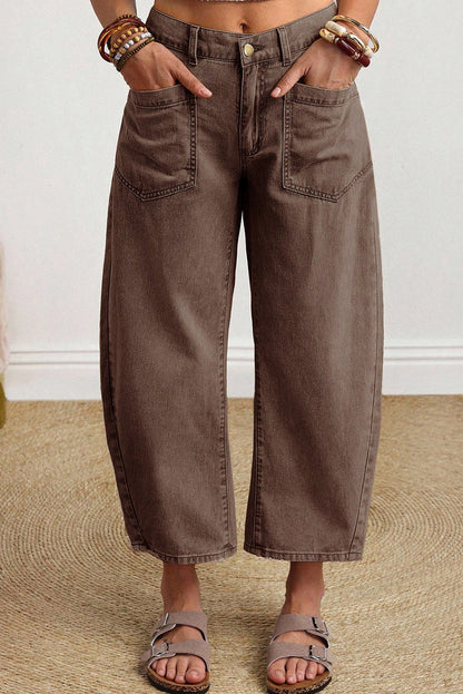 Coffee Solid Color Square Patch Pocket Ankle-length Barrel Jeans