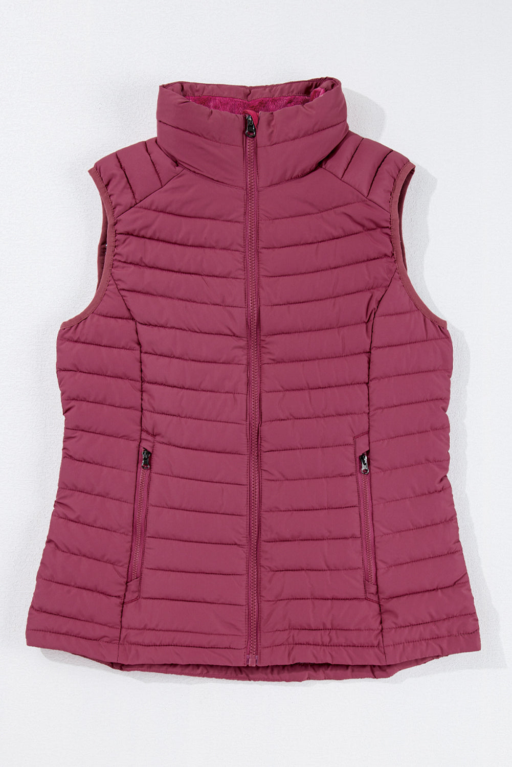 Burgundy Plush Collared Quilted Zipped Puffer Vest