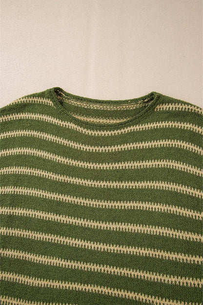 Sweaters & Cardigans/Sweaters Green Stripe Drop Shoulder Casual Sweater