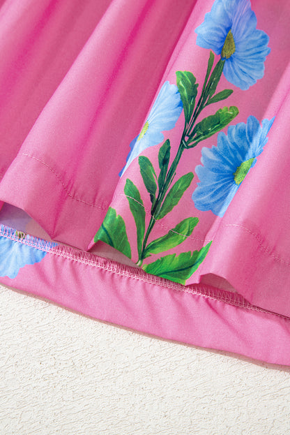 Rose Floral Short Sleeve Split Neck Loose Mini Dress