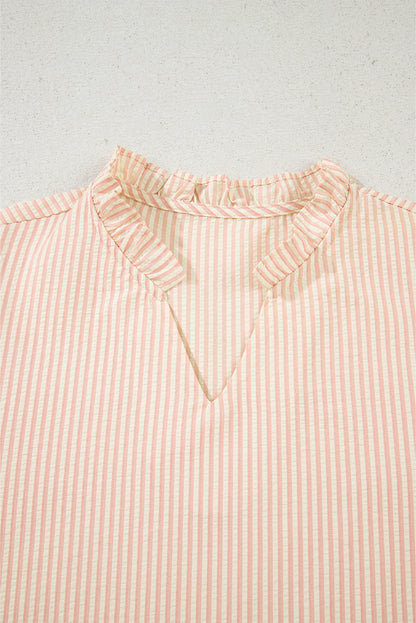 Pink Stripe Bow Knot Cuff Pearl Embellished Puff Sleeve V Neck Blouse