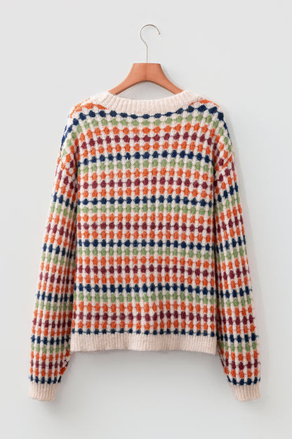 Multicolour Dotty Striped Pattern Knit Drop Shoulder Sweater