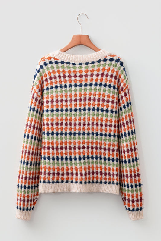 Multicolour Dotty Striped Pattern Knit Drop Shoulder Sweater