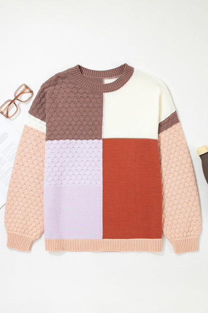 Coffee Mix Texture Colorblock Knit Baggy Sweater