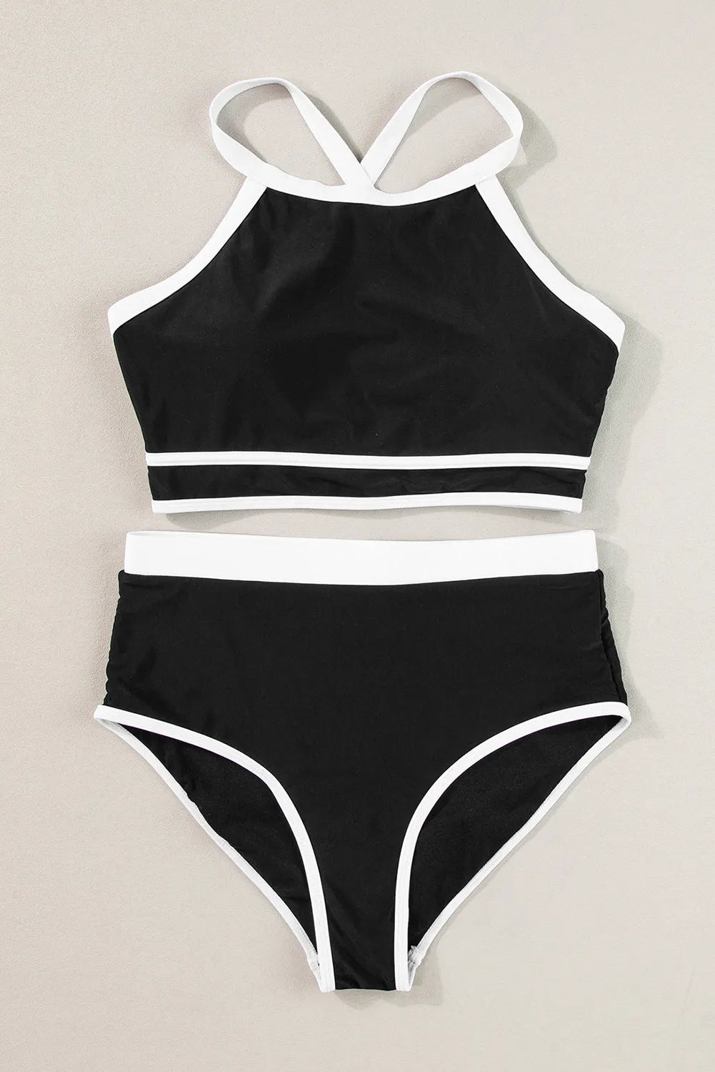 Black Contrast Trim Crisscross Back High Waisted Bikini - Chic Meadow Boutique 