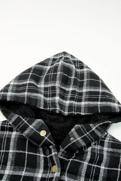 Black Plaid Pattern Sherpa Lined Hooded Shacket - Chic Meadow Boutique 