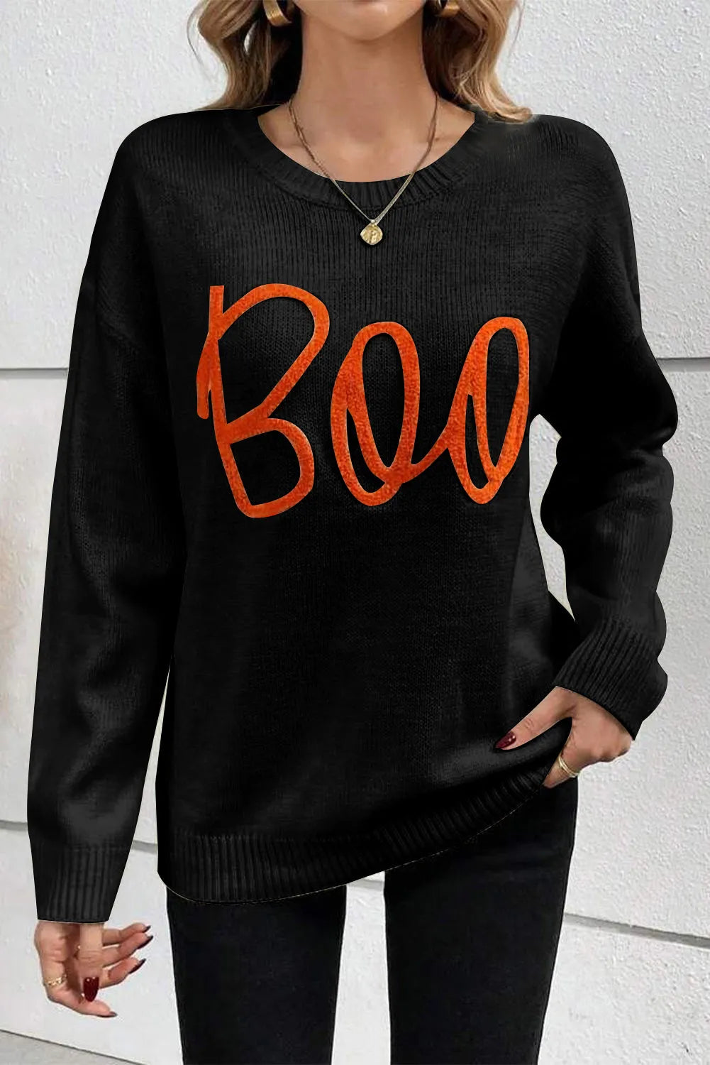 Black Boo Knitted Pattern Ribbed Edge Drop Shoulder Sweater - Chic Meadow Boutique 