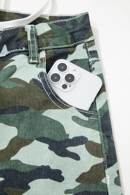 Green Camouflage Print Wide Leg Drawstring Denim Pants