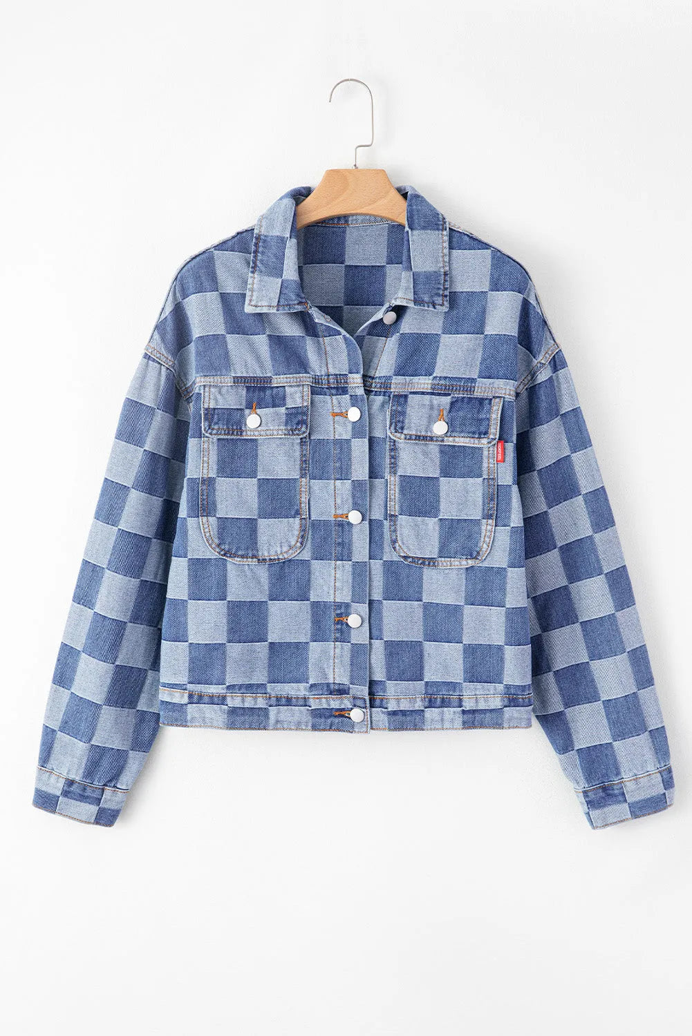 Light Blue Checkered Patchwork Button up Denim Jacket - Chic Meadow Boutique 