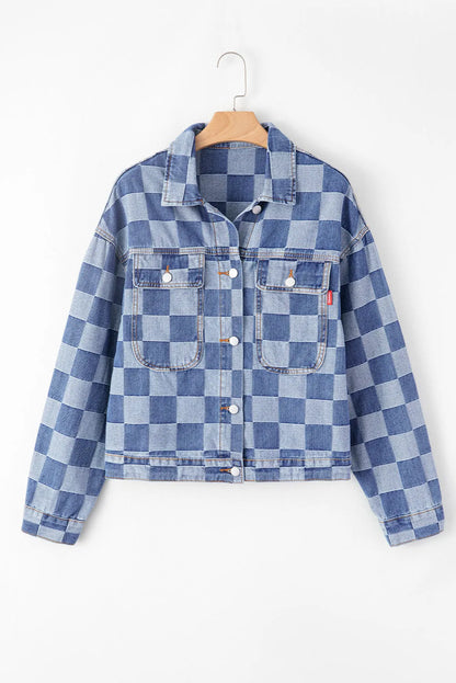 Light Blue Checkered Patchwork Button up Denim Jacket - Chic Meadow Boutique 