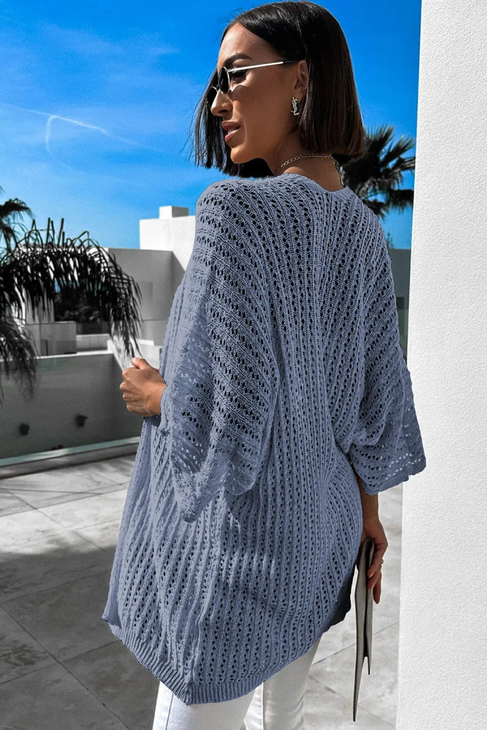 Sky Blue Hollow-out Knit Kimono Lightweight Cardigan - Chic Meadow Boutique 