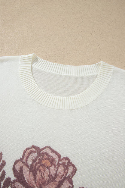 White Western Floral Dropped Shoulder Lightweight Knit Sweater