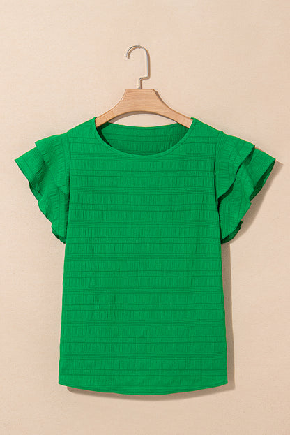 Dark Green Textured Ruffled Sleeve Round Neck Top