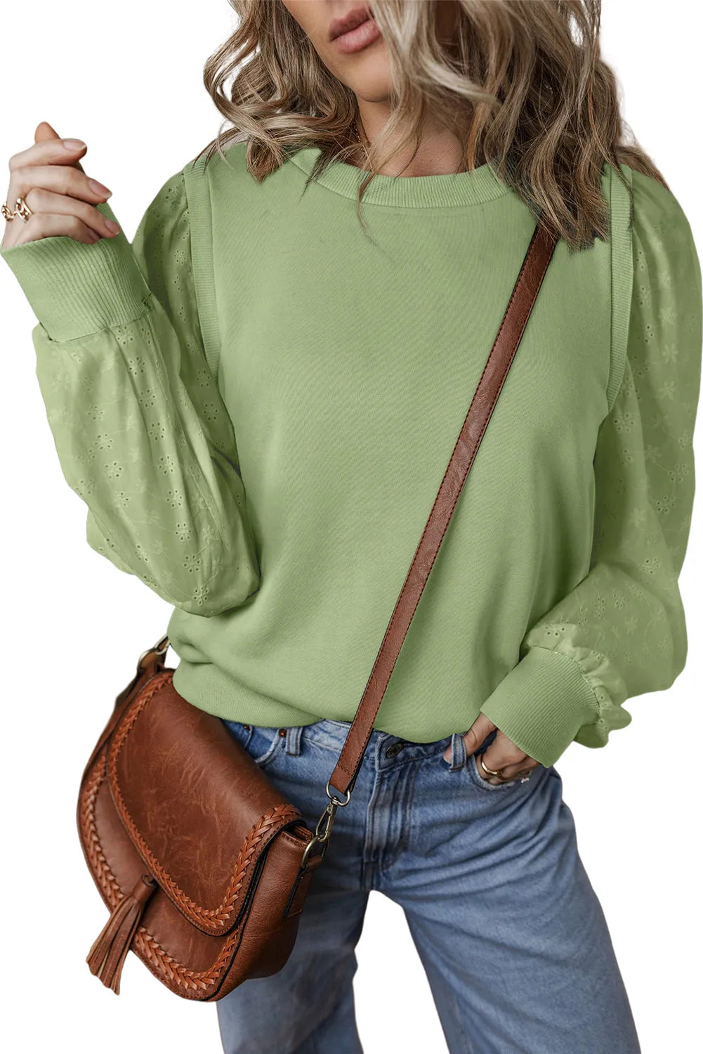 Mist Green Solid Patchwork Sleeve Round Neck Sweatshirt - Chic Meadow Boutique 