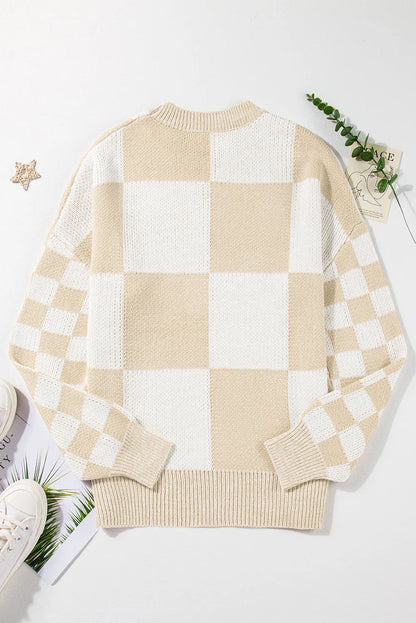 Flaxen Checkered Print Drop Shoulder Sweater - Chic Meadow Boutique 