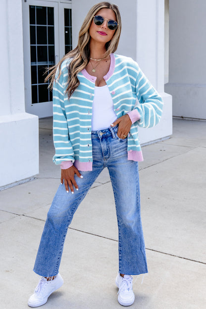Sky Blue Stripe Striped Long Sleeve Round Neck Casual Open Front Cardigan